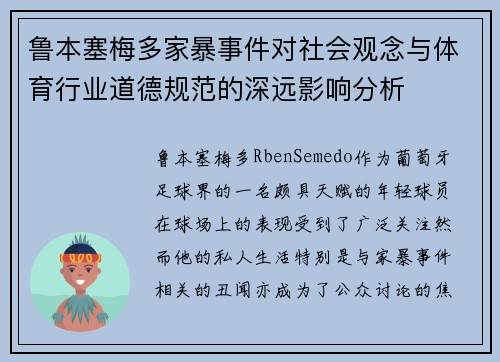 鲁本塞梅多家暴事件对社会观念与体育行业道德规范的深远影响分析