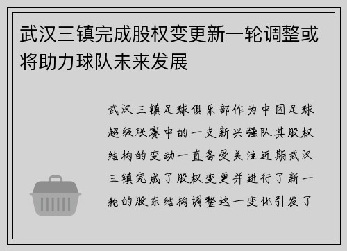 武汉三镇完成股权变更新一轮调整或将助力球队未来发展