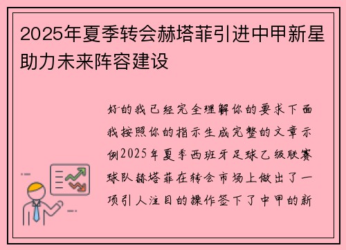 2025年夏季转会赫塔菲引进中甲新星助力未来阵容建设